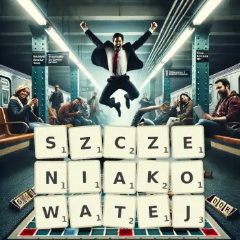 Kreatywna ilustracja do gry w Scrabble ze słowem SZCZENIAKOWATEJ ułożonym z płytek na planszy.