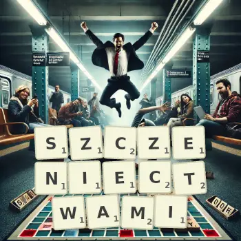 Kreatywna ilustracja do gry w Scrabble ze słowem SZCZENIECTWAMI ułożonym z płytek na planszy.
