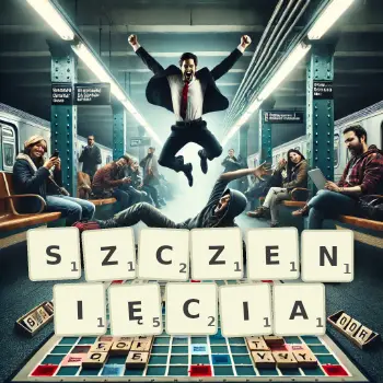 Kreatywna ilustracja do gry w Scrabble ze słowem SZCZENIĘCIA ułożonym z płytek na planszy.