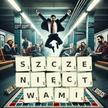 Kreatywna ilustracja do gry w Scrabble ze słowem SZCZENIĘCTWAMI ułożonym z płytek na planszy.