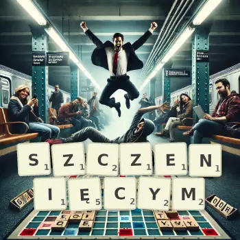 Kreatywna ilustracja do gry w Scrabble ze słowem SZCZENIĘCYM ułożonym z płytek na planszy.