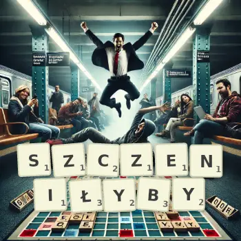 Kreatywna ilustracja do gry w Scrabble ze słowem SZCZENIŁYBY ułożonym z płytek na planszy.