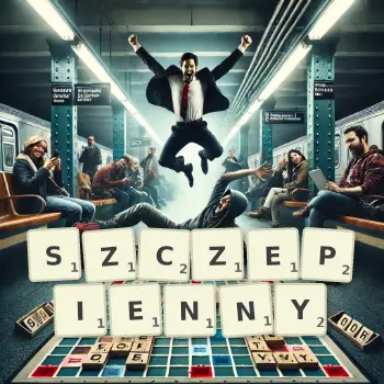 Kreatywna ilustracja do gry w Scrabble ze słowem SZCZEPIENNY ułożonym z płytek na planszy.