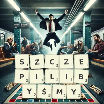Kreatywna ilustracja do gry w Scrabble ze słowem SZCZEPILIBYŚMY ułożonym z płytek na planszy.