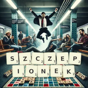Kreatywna ilustracja do gry w Scrabble ze słowem SZCZEPIONEK ułożonym z płytek na planszy.