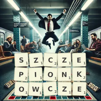 Kreatywna ilustracja do gry w Scrabble ze słowem SZCZEPIONKOWCZE ułożonym z płytek na planszy.