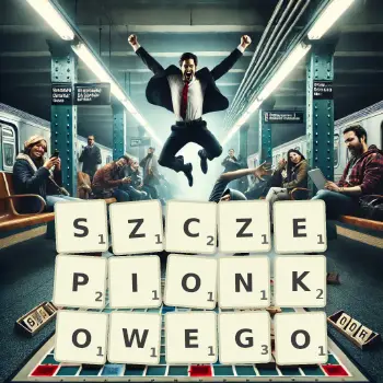 Kreatywna ilustracja do gry w Scrabble ze słowem SZCZEPIONKOWEGO ułożonym z płytek na planszy.
