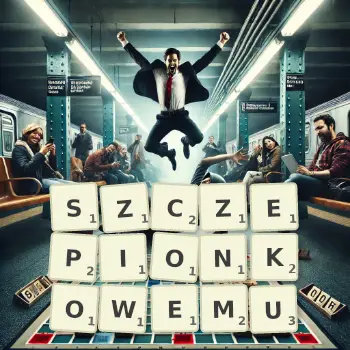 Kreatywna ilustracja do gry w Scrabble ze słowem SZCZEPIONKOWEMU ułożonym z płytek na planszy.