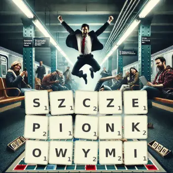 Kreatywna ilustracja do gry w Scrabble ze słowem SZCZEPIONKOWYMI ułożonym z płytek na planszy.