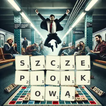 Kreatywna ilustracja do gry w Scrabble ze słowem SZCZEPIONKOWĄ ułożonym z płytek na planszy.