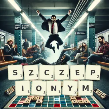 Kreatywna ilustracja do gry w Scrabble ze słowem SZCZEPIONYM ułożonym z płytek na planszy.