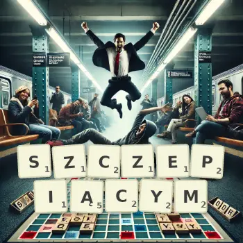 Kreatywna ilustracja do gry w Scrabble ze słowem SZCZEPIĄCYM ułożonym z płytek na planszy.