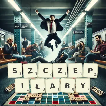 Kreatywna ilustracja do gry w Scrabble ze słowem SZCZEPIŁABY ułożonym z płytek na planszy.