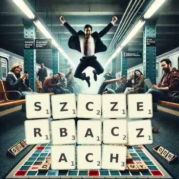 Kreatywna ilustracja do gry w Scrabble ze słowem SZCZERBACZACH ułożonym z płytek na planszy.