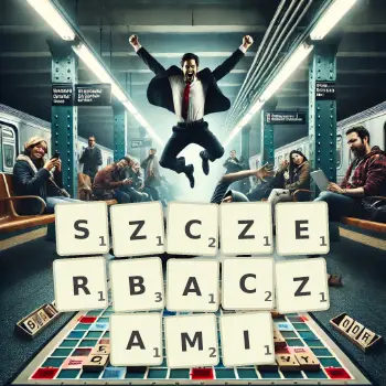 Kreatywna ilustracja do gry w Scrabble ze słowem SZCZERBACZAMI ułożonym z płytek na planszy.