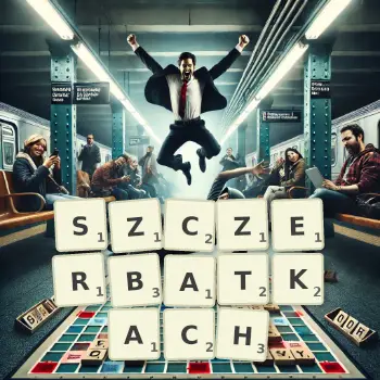 Kreatywna ilustracja do gry w Scrabble ze słowem SZCZERBATKACH ułożonym z płytek na planszy.