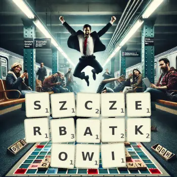 Kreatywna ilustracja do gry w Scrabble ze słowem SZCZERBATKOWI ułożonym z płytek na planszy.