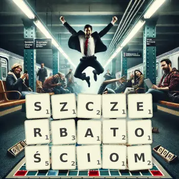 Kreatywna ilustracja do gry w Scrabble ze słowem SZCZERBATOŚCIOM ułożonym z płytek na planszy.