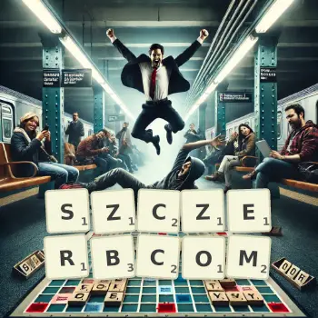 Kreatywna ilustracja do gry w Scrabble ze słowem SZCZERBCOM ułożonym z płytek na planszy.
