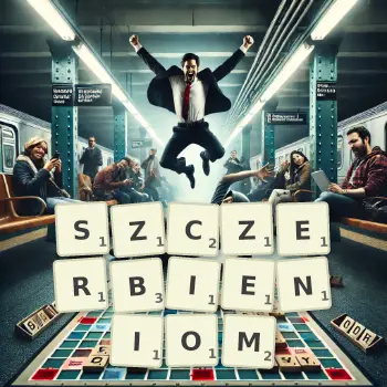 Kreatywna ilustracja do gry w Scrabble ze słowem SZCZERBIENIOM ułożonym z płytek na planszy.