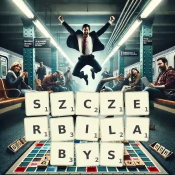 Kreatywna ilustracja do gry w Scrabble ze słowem SZCZERBILABYS ułożonym z płytek na planszy.