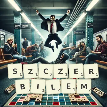 Kreatywna ilustracja do gry w Scrabble ze słowem SZCZERBILEM ułożonym z płytek na planszy.