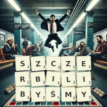 Kreatywna ilustracja do gry w Scrabble ze słowem SZCZERBILIBYŚMY ułożonym z płytek na planszy.