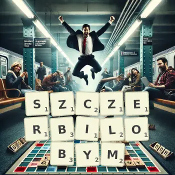 Kreatywna ilustracja do gry w Scrabble ze słowem SZCZERBILOBYM ułożonym z płytek na planszy.