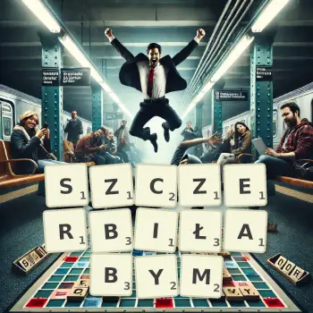 Kreatywna ilustracja do gry w Scrabble ze słowem SZCZERBIŁABYM ułożonym z płytek na planszy.
