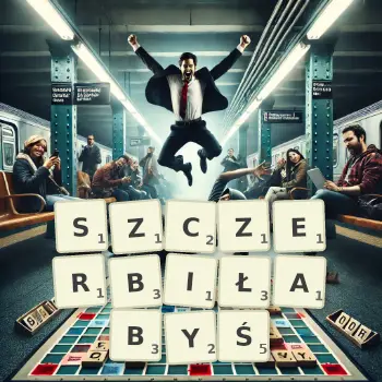 Kreatywna ilustracja do gry w Scrabble ze słowem SZCZERBIŁABYŚ ułożonym z płytek na planszy.