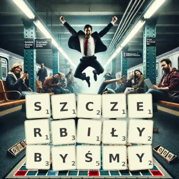 Kreatywna ilustracja do gry w Scrabble ze słowem SZCZERBIŁYBYŚMY ułożonym z płytek na planszy.