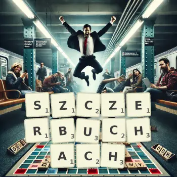 Kreatywna ilustracja do gry w Scrabble ze słowem SZCZERBUCHACH ułożonym z płytek na planszy.