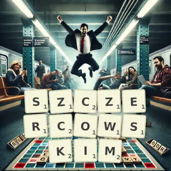 Kreatywna ilustracja do gry w Scrabble ze słowem SZCZERCOWSKIM ułożonym z płytek na planszy.