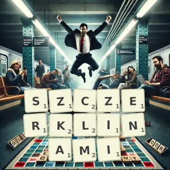 Kreatywna ilustracja do gry w Scrabble ze słowem SZCZERKLINAMI ułożonym z płytek na planszy.