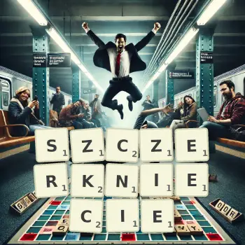 Kreatywna ilustracja do gry w Scrabble ze słowem SZCZERKNIECIE ułożonym z płytek na planszy.