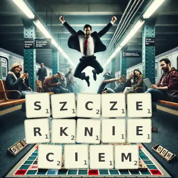 Kreatywna ilustracja do gry w Scrabble ze słowem SZCZERKNIECIEM ułożonym z płytek na planszy.