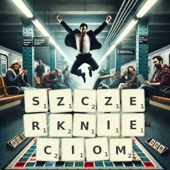 Kreatywna ilustracja do gry w Scrabble ze słowem SZCZERKNIECIOM ułożonym z płytek na planszy.