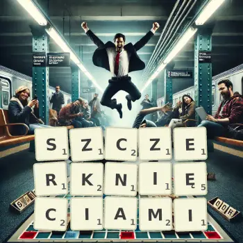 Kreatywna ilustracja do gry w Scrabble ze słowem SZCZERKNIĘCIAMI ułożonym z płytek na planszy.