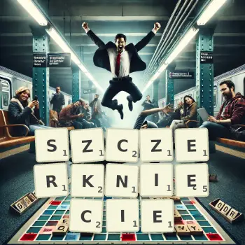 Kreatywna ilustracja do gry w Scrabble ze słowem SZCZERKNIĘCIE ułożonym z płytek na planszy.