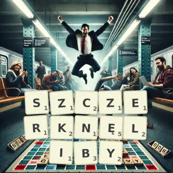 Kreatywna ilustracja do gry w Scrabble ze słowem SZCZERKNĘLIBY ułożonym z płytek na planszy.
