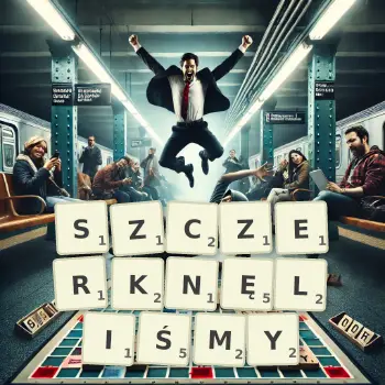 Kreatywna ilustracja do gry w Scrabble ze słowem SZCZERKNĘLIŚMY ułożonym z płytek na planszy.