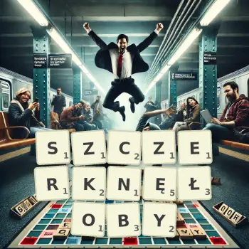 Kreatywna ilustracja do gry w Scrabble ze słowem SZCZERKNĘŁOBY ułożonym z płytek na planszy.