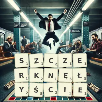 Kreatywna ilustracja do gry w Scrabble ze słowem SZCZERKNĘŁYŚCIE ułożonym z płytek na planszy.