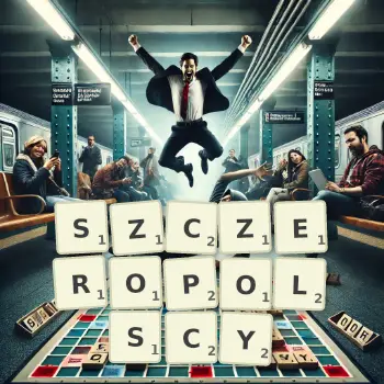 Kreatywna ilustracja do gry w Scrabble ze słowem SZCZEROPOLSCY ułożonym z płytek na planszy.