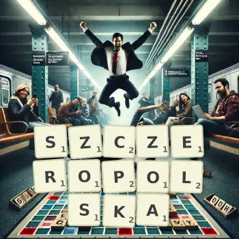 Kreatywna ilustracja do gry w Scrabble ze słowem SZCZEROPOLSKA ułożonym z płytek na planszy.