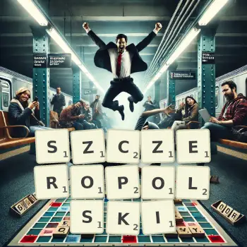 Kreatywna ilustracja do gry w Scrabble ze słowem SZCZEROPOLSKI ułożonym z płytek na planszy.