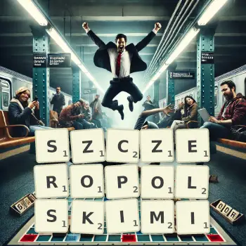 Kreatywna ilustracja do gry w Scrabble ze słowem SZCZEROPOLSKIMI ułożonym z płytek na planszy.