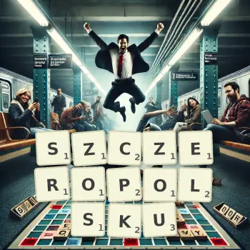 Kreatywna ilustracja do gry w Scrabble ze słowem SZCZEROPOLSKU ułożonym z płytek na planszy.