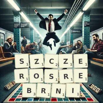 Kreatywna ilustracja do gry w Scrabble ze słowem SZCZEROSREBRNI ułożonym z płytek na planszy.