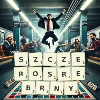 Kreatywna ilustracja do gry w Scrabble ze słowem SZCZEROSREBRNY ułożonym z płytek na planszy.